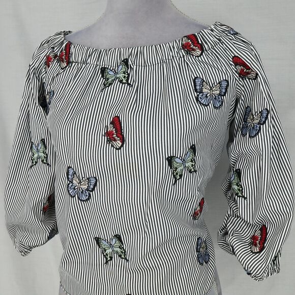 Zara Top Womens XS White Gray Stripe Blouse Embroidered Butterflies Whimsy Boho - Picture 11 of 16